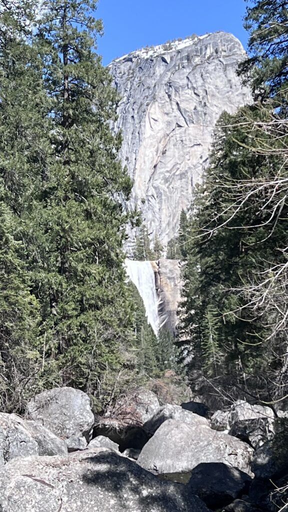 Photo of Vernal Falls as seen from the footbridge.  This hike is a family friendly way to see Vernal Falls. 