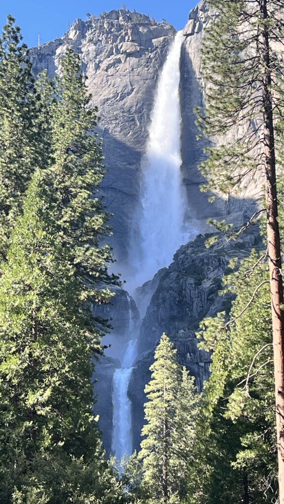 Photo of Yosemite upper and lower falls as seen on the easy walk up to the base of the falls