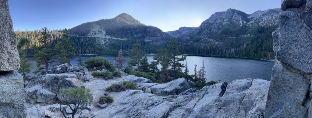 Photo of Emerald Bay looking west from the top of Fannette Island.  The island can be reached by kayaking, SUP, or boat.
