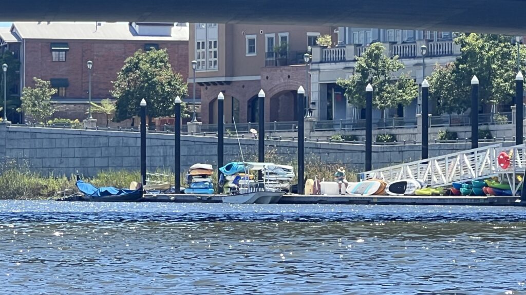 Picture of Napa River showing the downtown public dock. This is a perfect launch location or take out location for kayaking down the Napa River