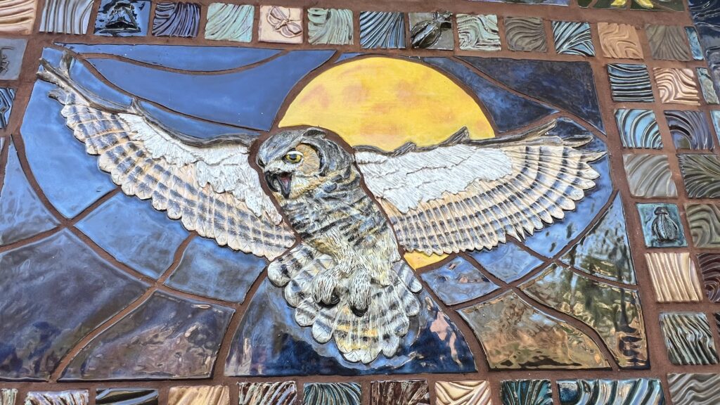 A photo the mural at the California Raptor Center at UC Davis. The mural features images of many different types of raptors. 