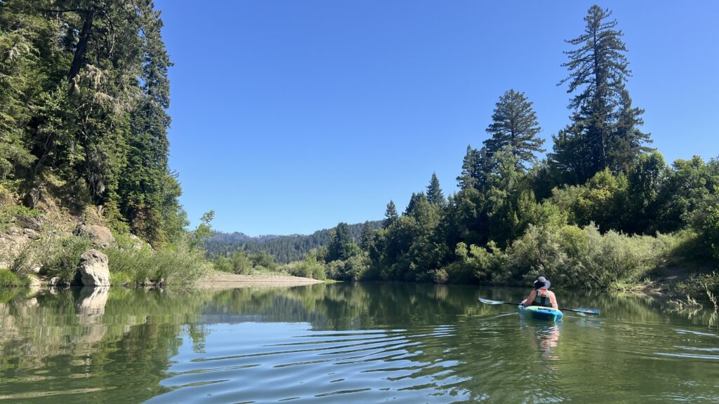 Photo showing a kayaker paddling on the Russian River near Guerneville, CA.  You can self-shuttle this river without the need for a second vehicle. 
